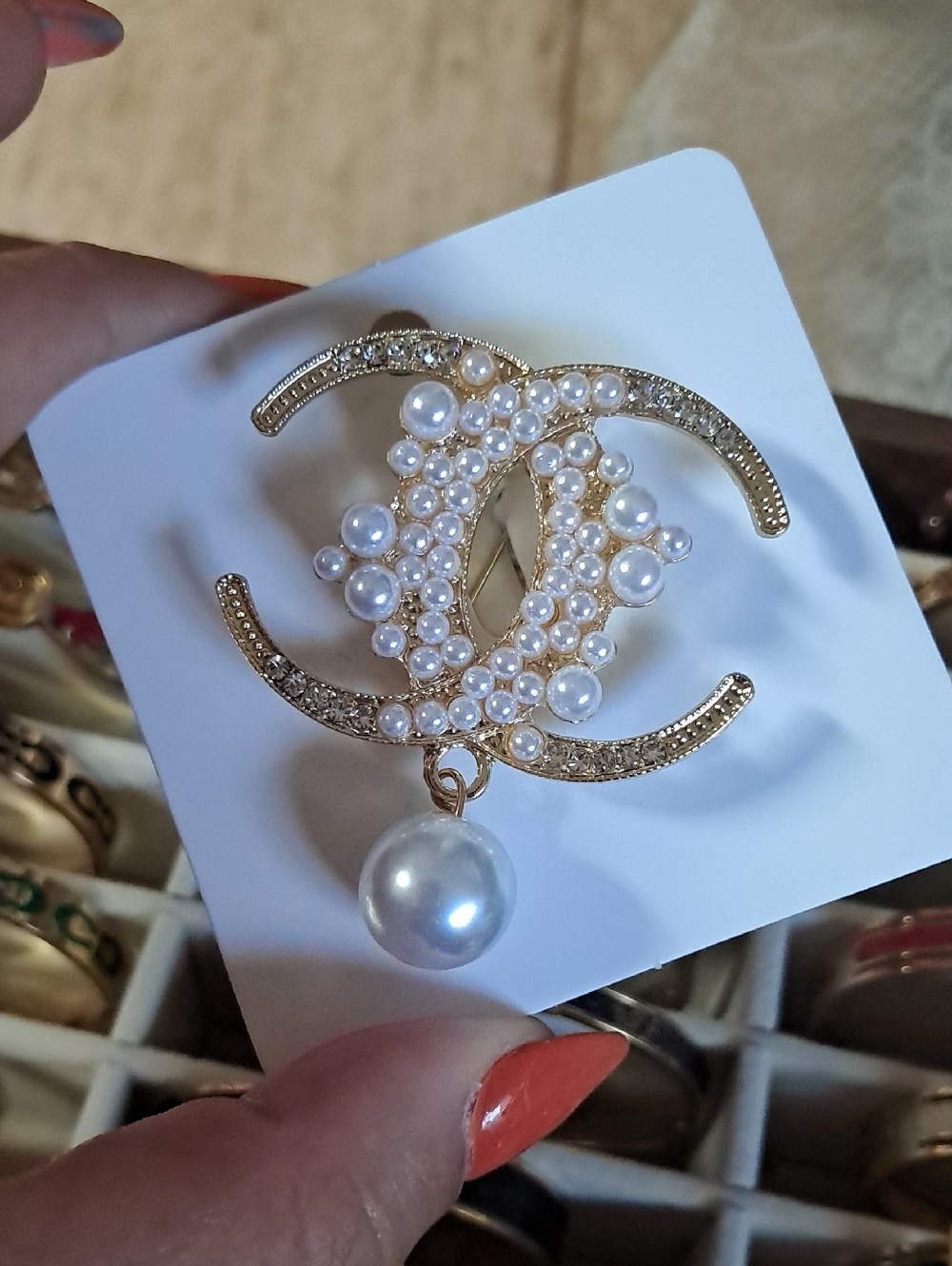 Gold-Tone Pearl Cluster Double-C Inspired Brooch with Dangling Pearl
